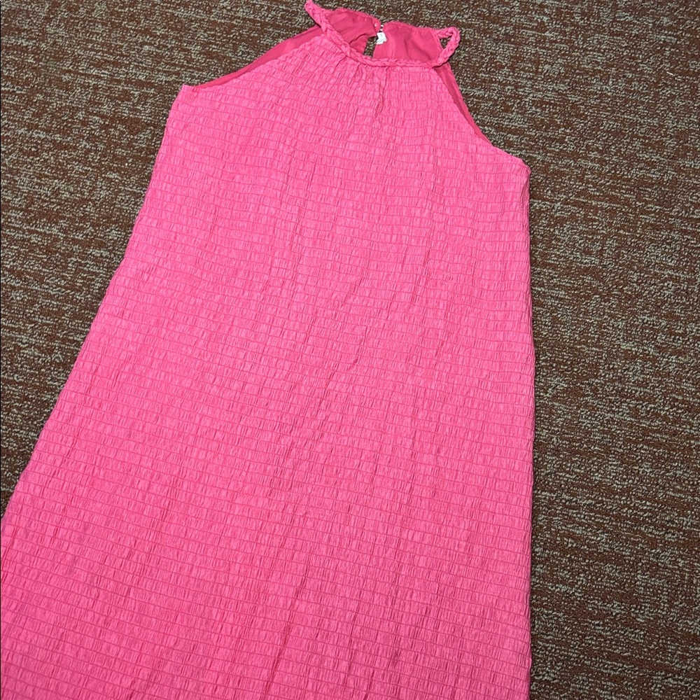 Pink smocked midi dress girlie loose high neck summer vacation dress relaxed L